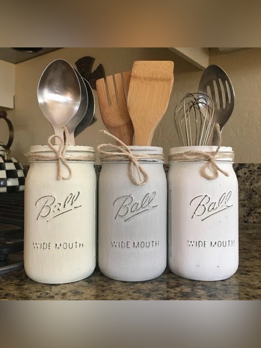 Hand Crafted Farmhouse Mason Jar Utensil Holders - White & Light Gray